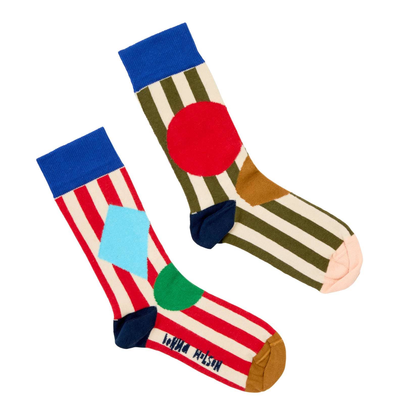 Colorful socks with geometric patterns on a white background