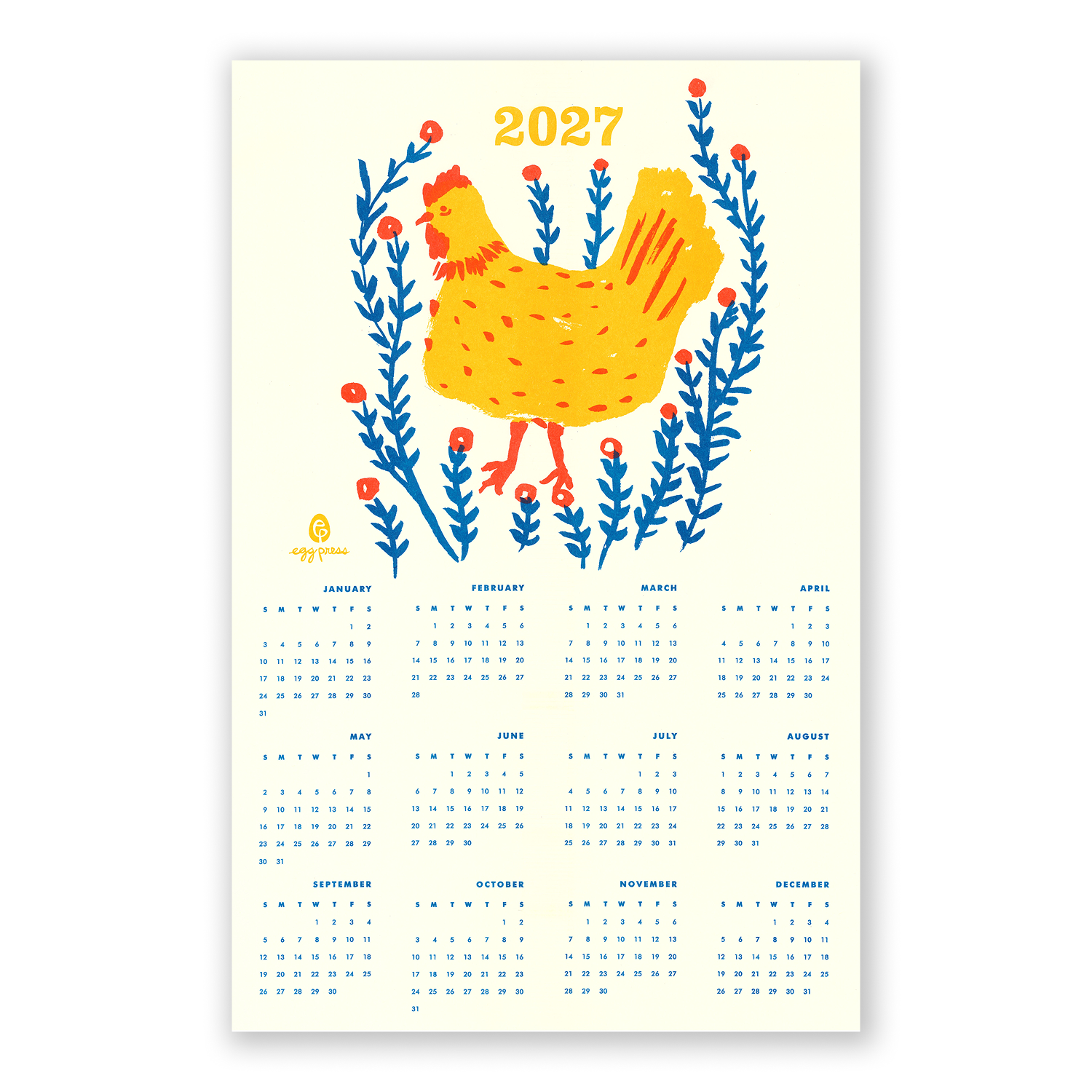 A 2027 wall calendar page featuring a stylized yellow chicken among blue flowers on a cream background, with the monthly calendar grids printed below.