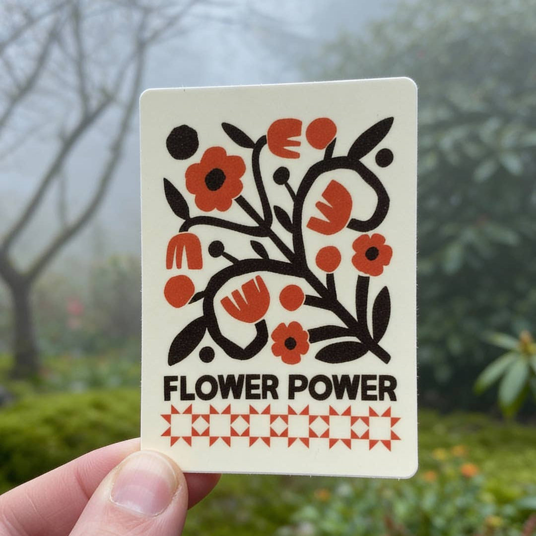 Card with floral design and 'FLOWER POWER' text held in front of a natural background