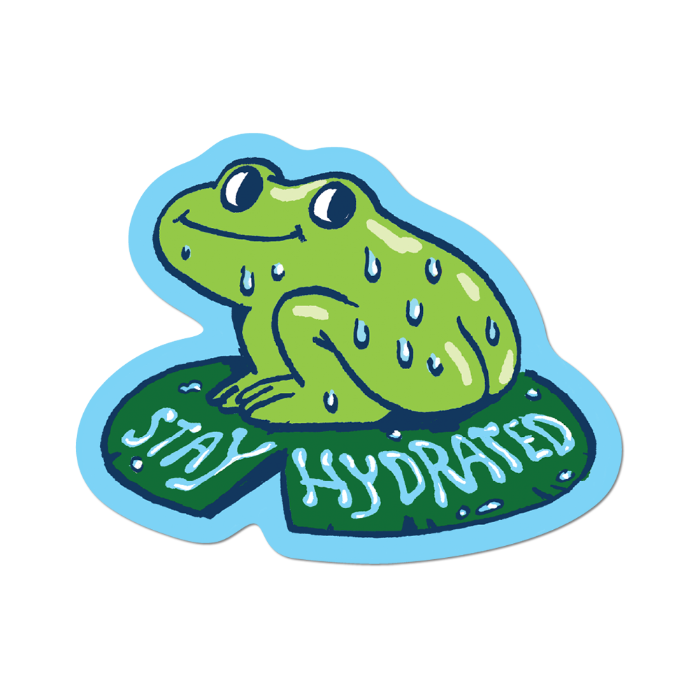 Sticker with a green frog on lily pads and 'Stay Hydrated' text on a white background