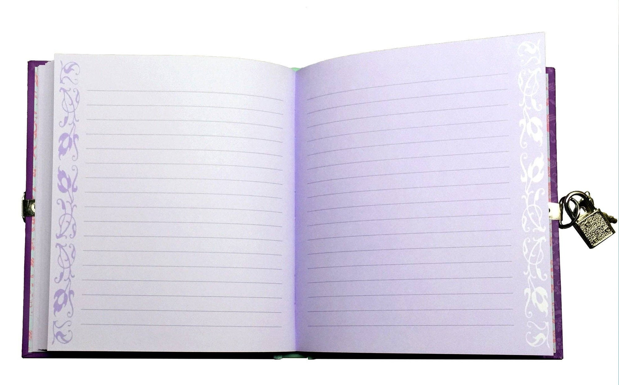 Open notebook with lined pages and decorative purple binding on a white background