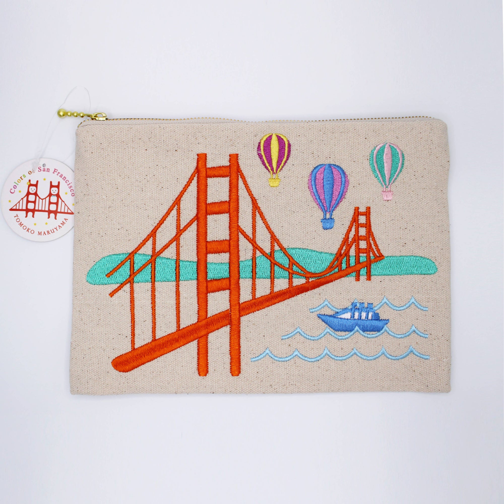 Canvas pouch with Golden Gate Bridge and hot air balloons design on a white background