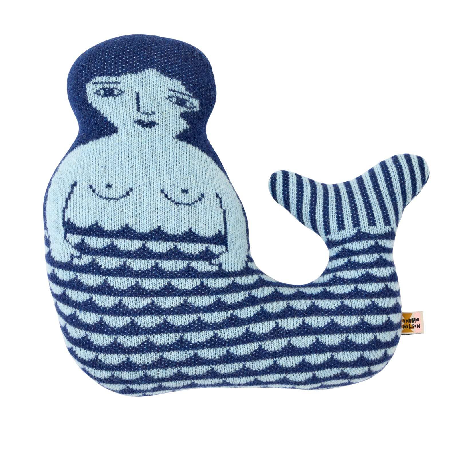 Knitted mermaid toy with blue and white pattern on a white background