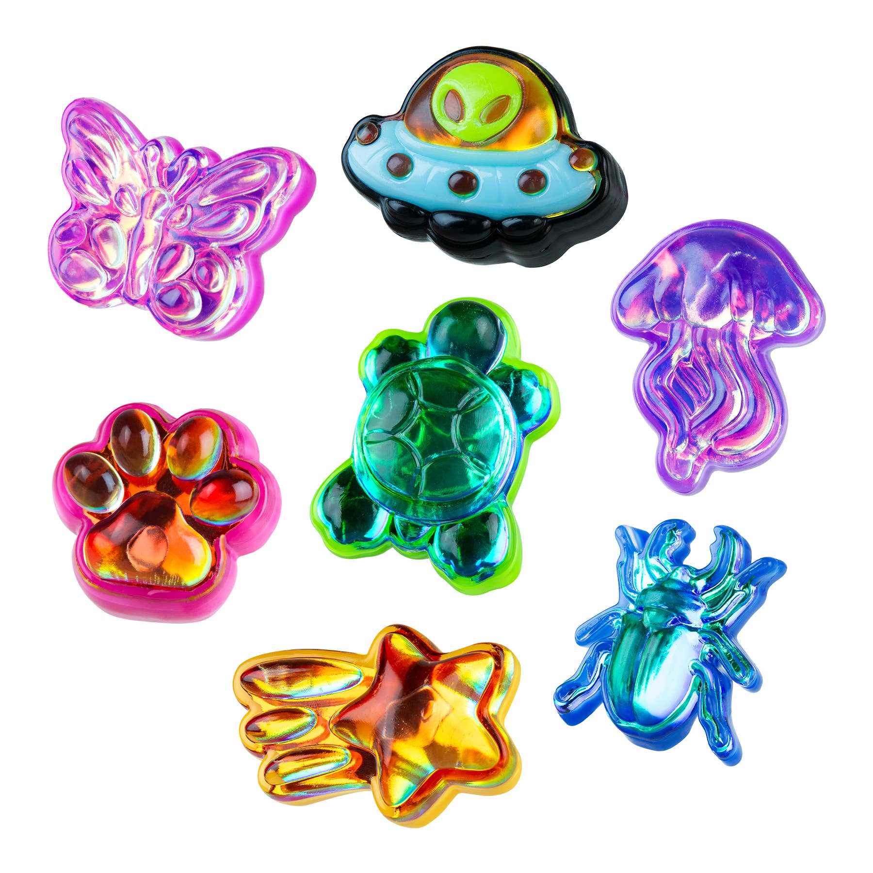 Set of colorful glass animal figurines on a white background