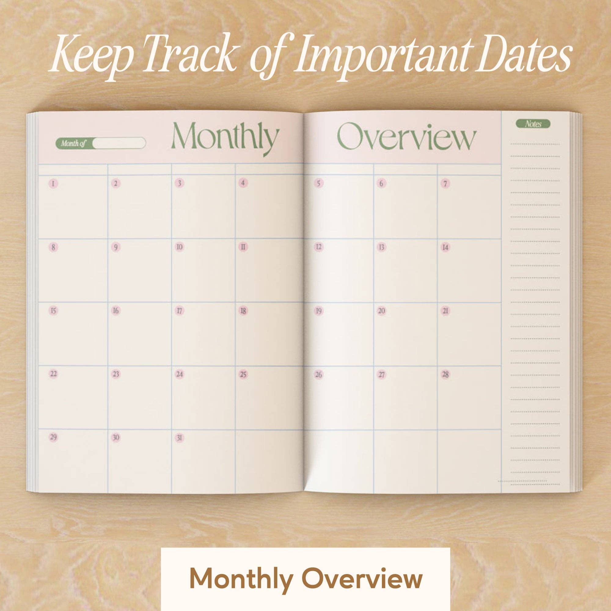 Open planner showing monthly overview on a wooden surface with text 'Keep Track of Important Dates'.
