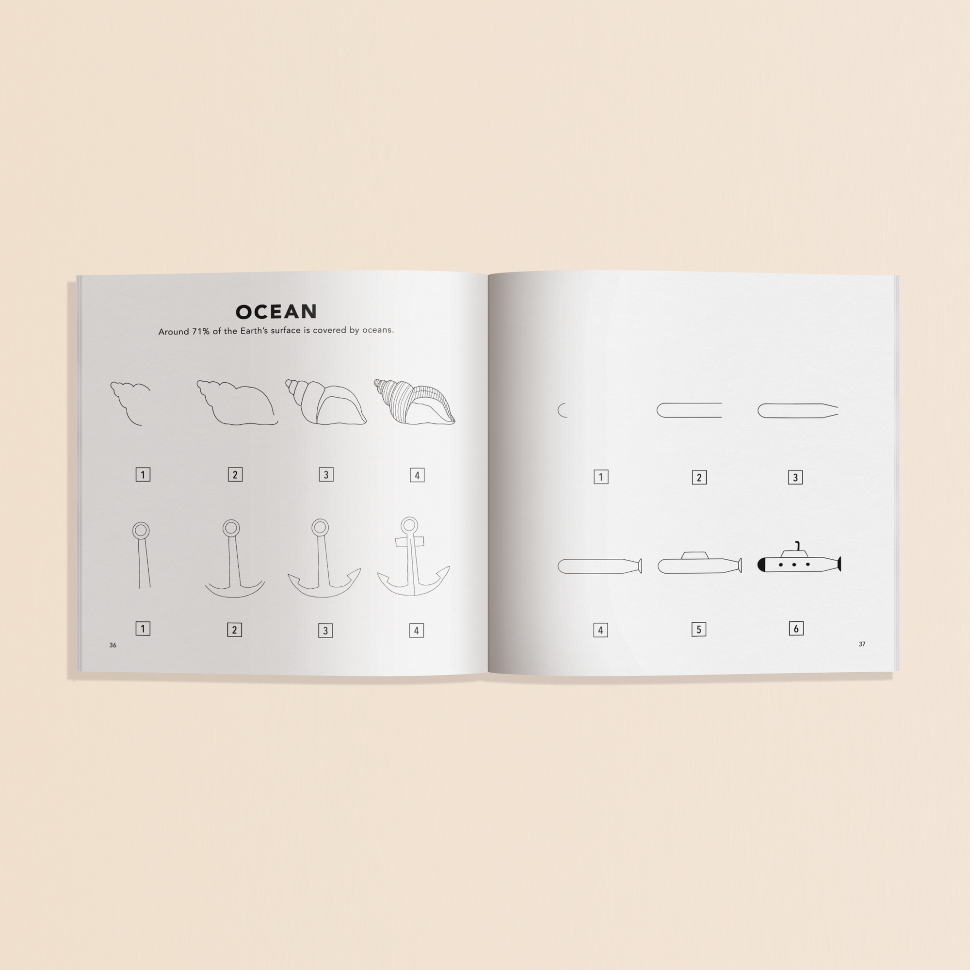 Open book showing illustrations of ocean-related items on a beige background