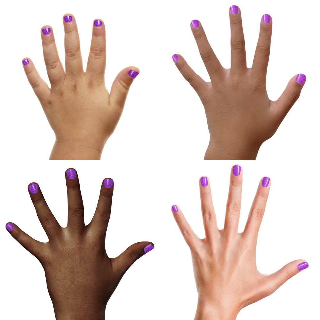 Four hands with purple nail polish on a white background