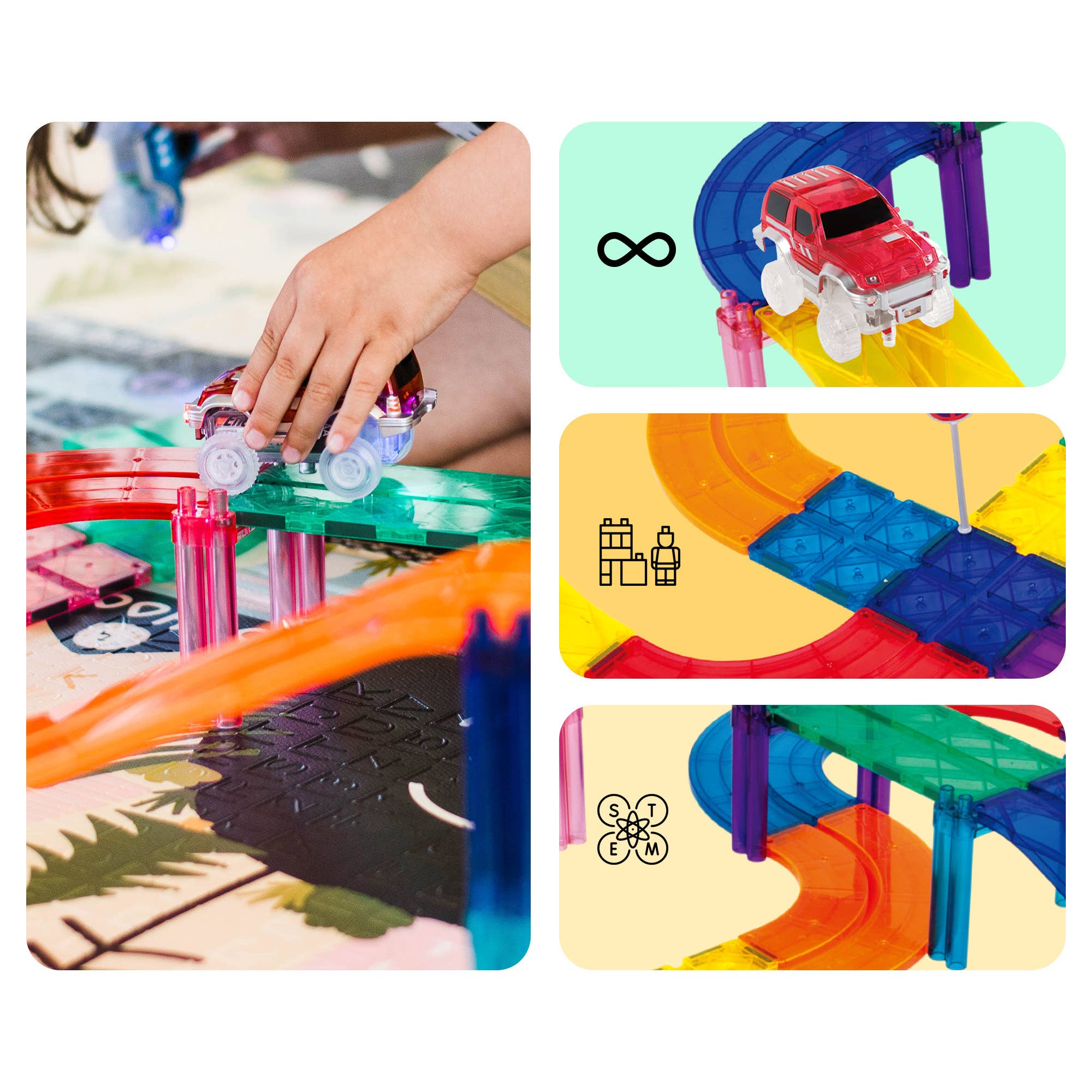 Colorful toy track set with a child's hand interacting with it, featuring various track pieces and a small car.