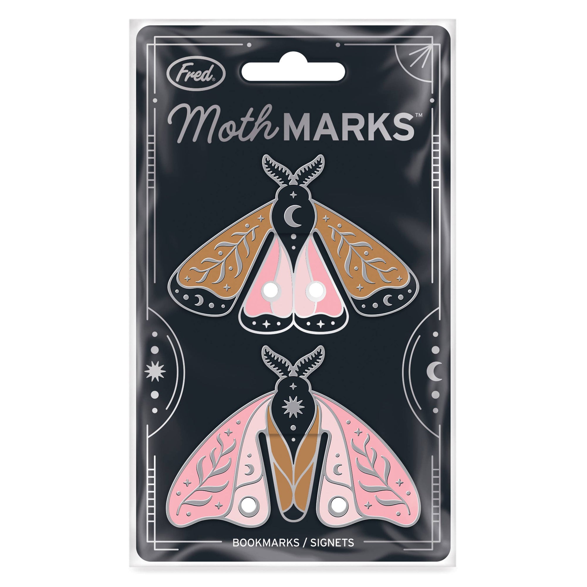 Packaged Moth MARKS with moth designs on a black background