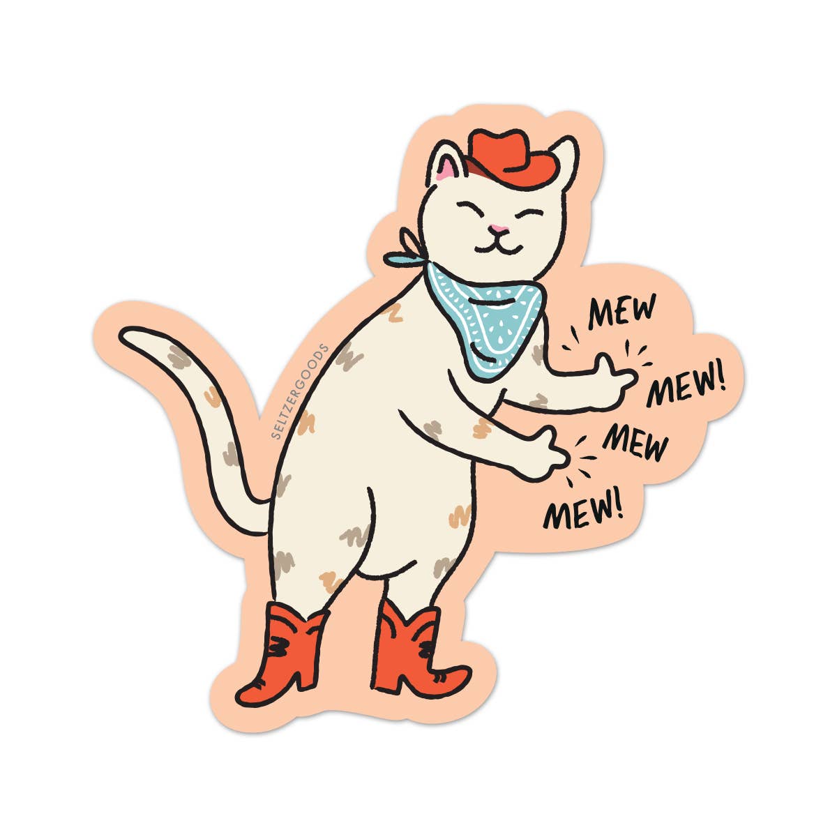 Sticker of a cat in boots with 'Mew Mew!' text on a white background