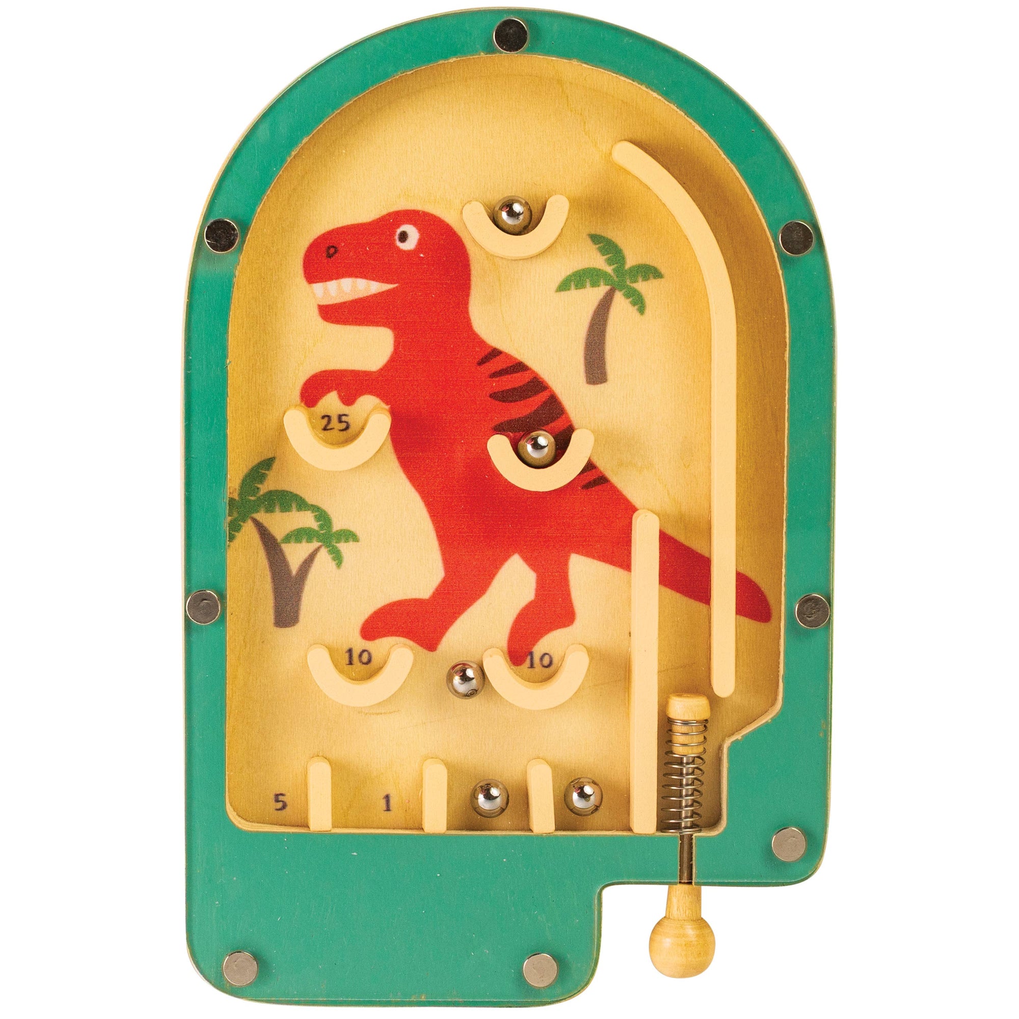 Wooden toy with a red dinosaur design on a white background