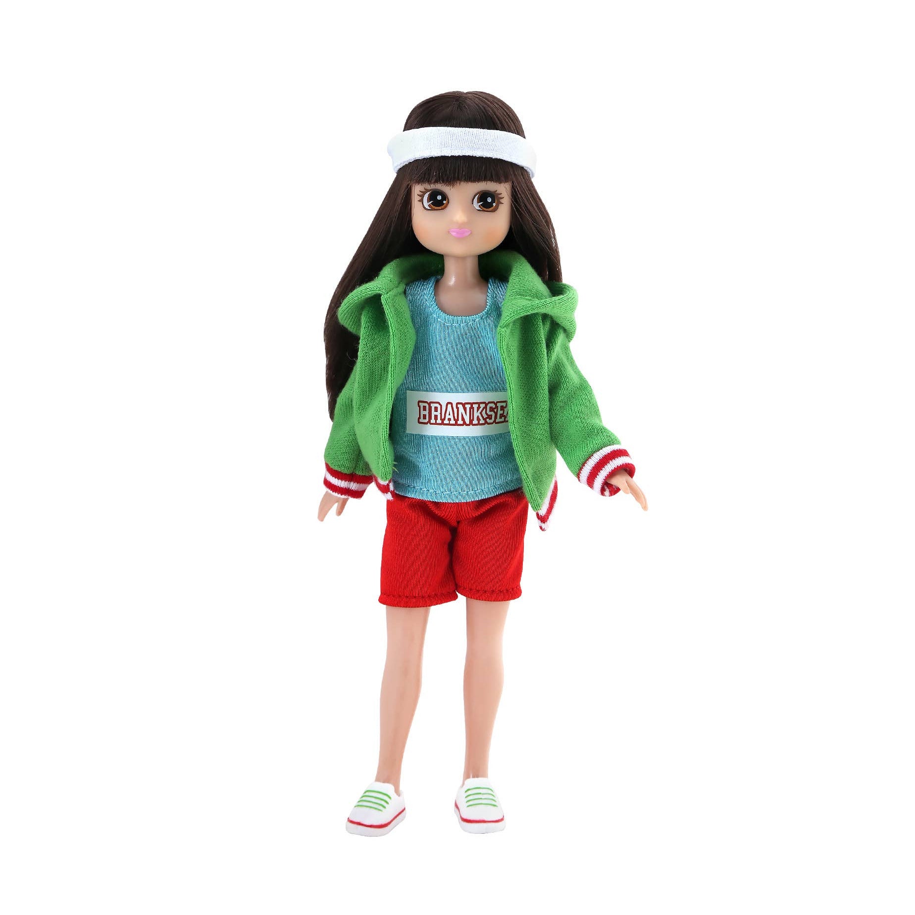 Doll wearing a green jacket, blue shirt with text, red shorts, and white shoes on a white background