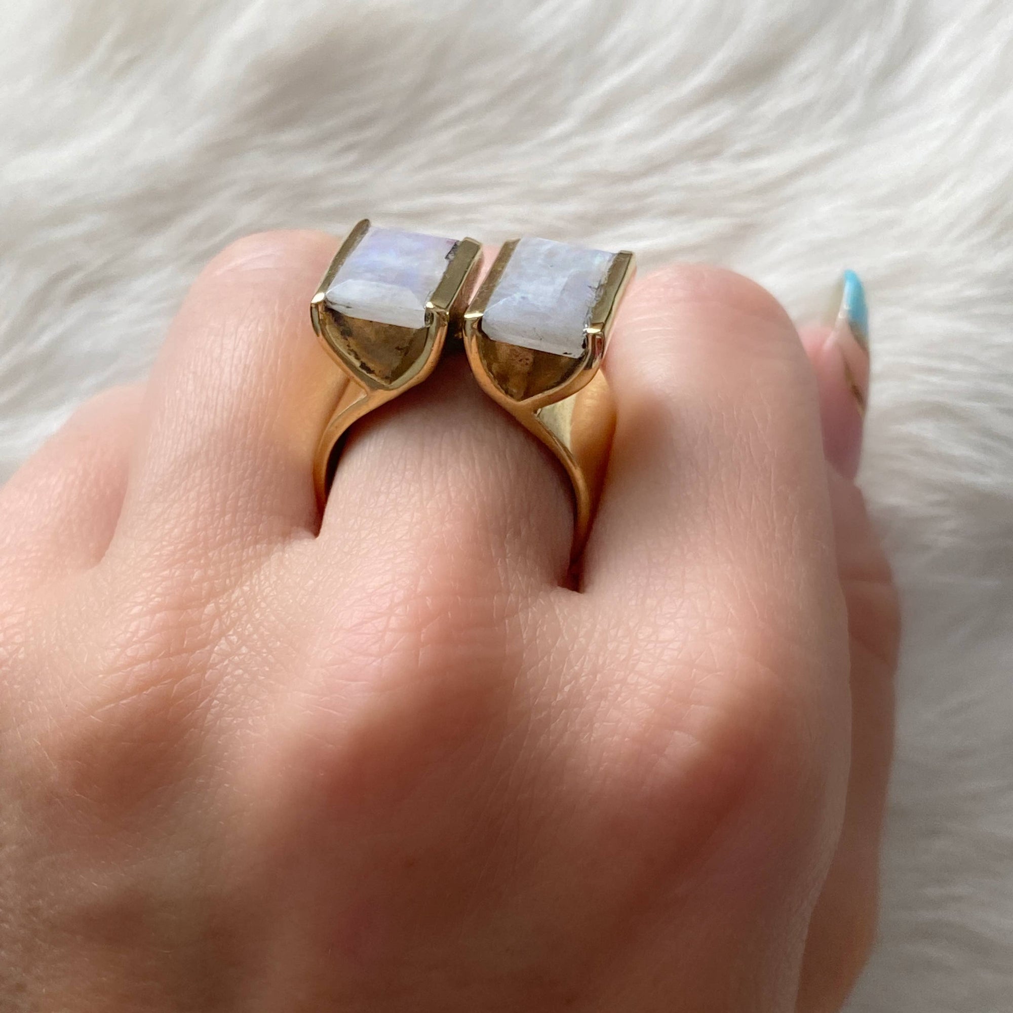 Double Rectangle Cut Brass Ring with Moonstone