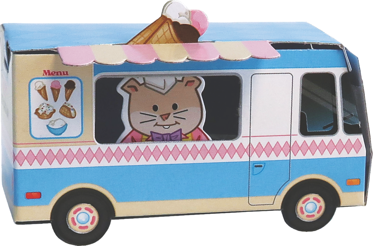 Toy ice cream truck with a cartoon character driving it on a white background