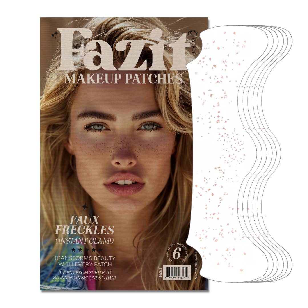 Fazit makeup patches packaging with a model's face and freckle patches.