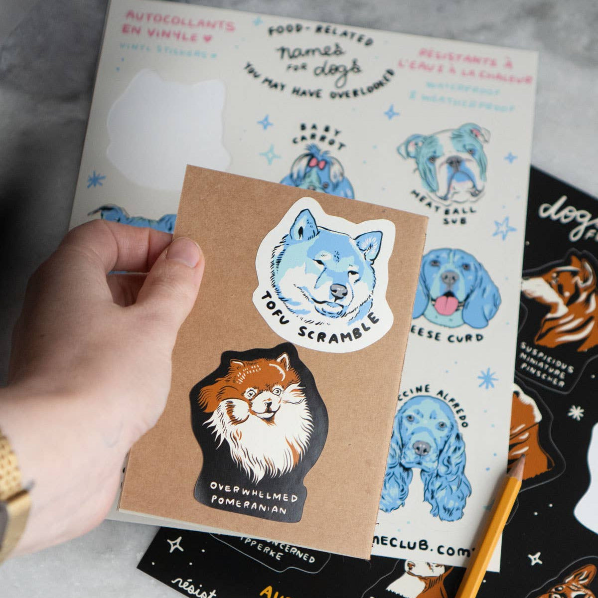 Hand holding a card with animal-themed stickers on a marble surface