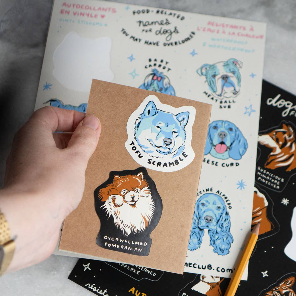 Hand holding a card with animal-themed stickers on a marble surface