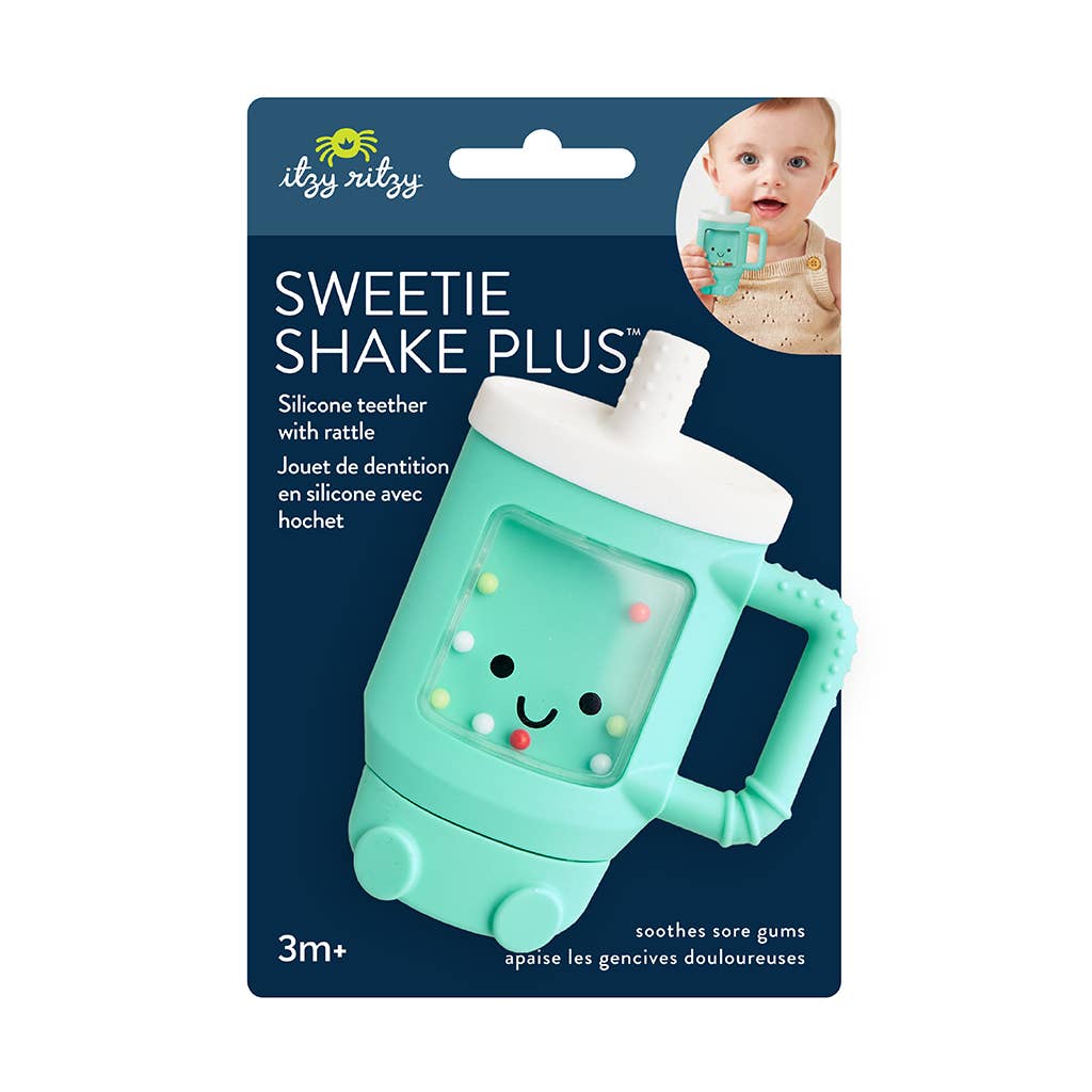 Package of illy ritzy Sweetie Shake Plus silicone teether with rattle on a white background