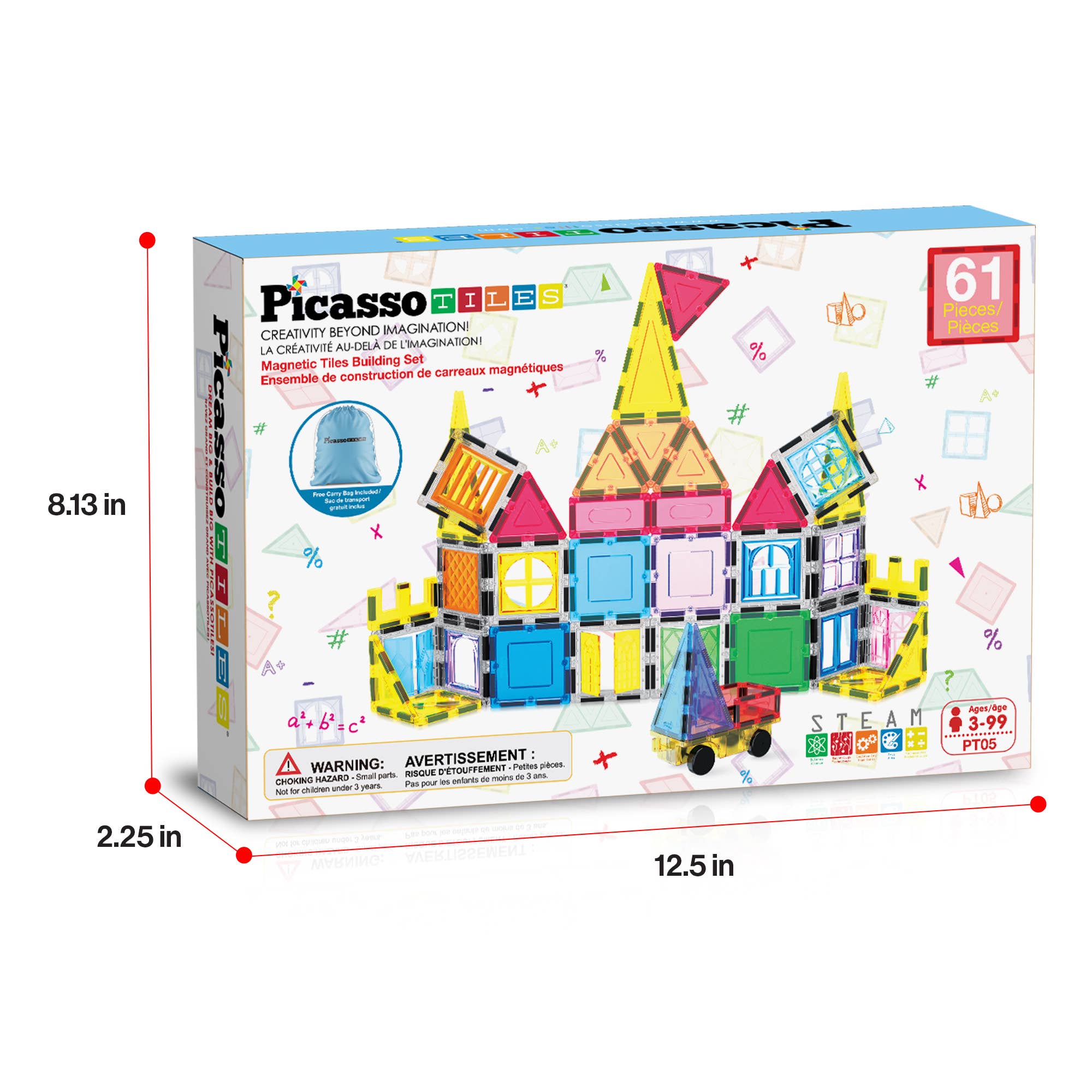 Box of PicassoTiles magnetic building blocks with colorful castle model on a white background