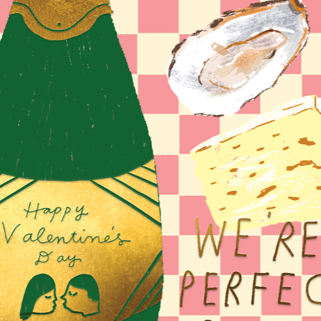 Valentine's Day card with green bottle, oyster, and cheese on a checkered background