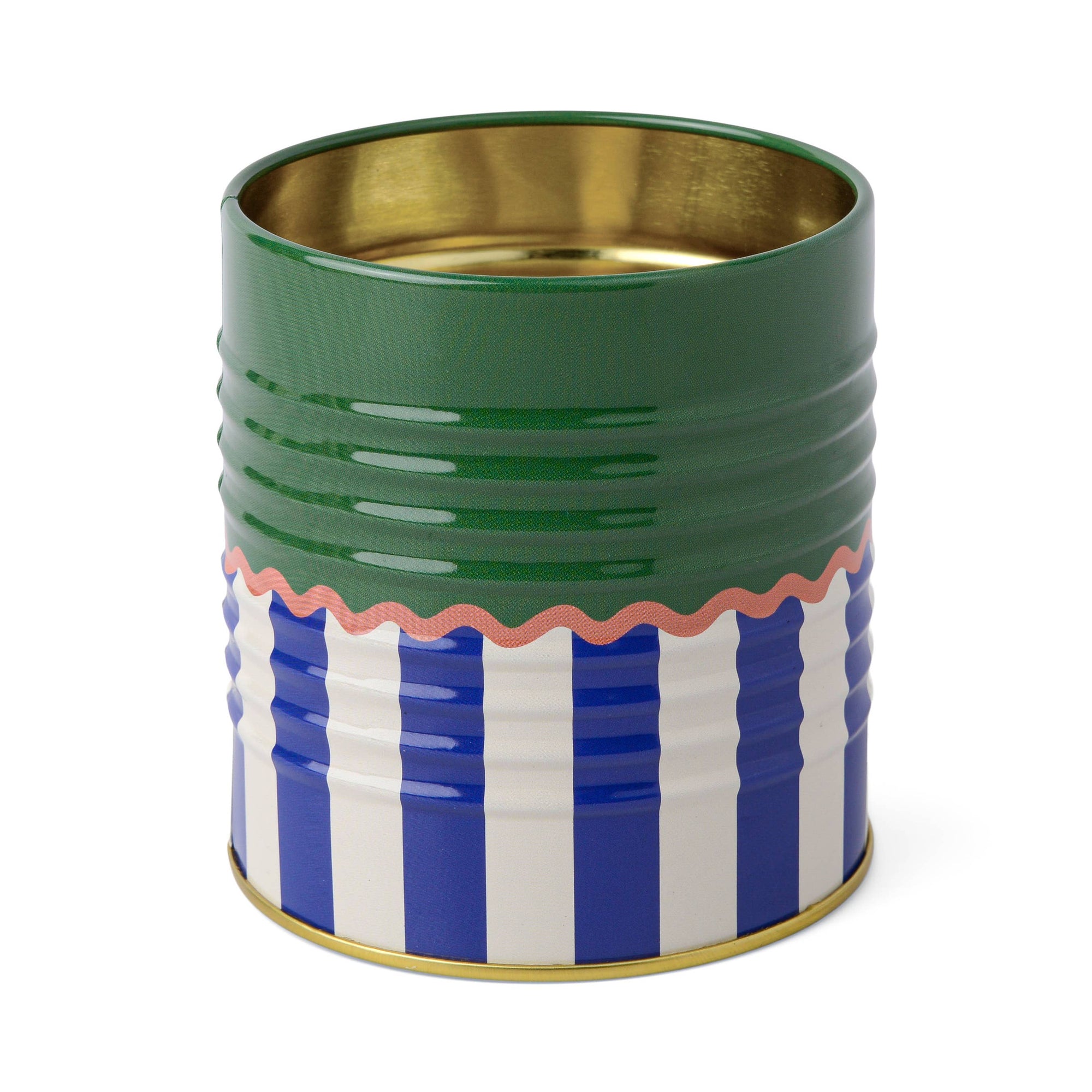 Decorative cylindrical container with green top, blue and white striped middle, and gold base on a white background