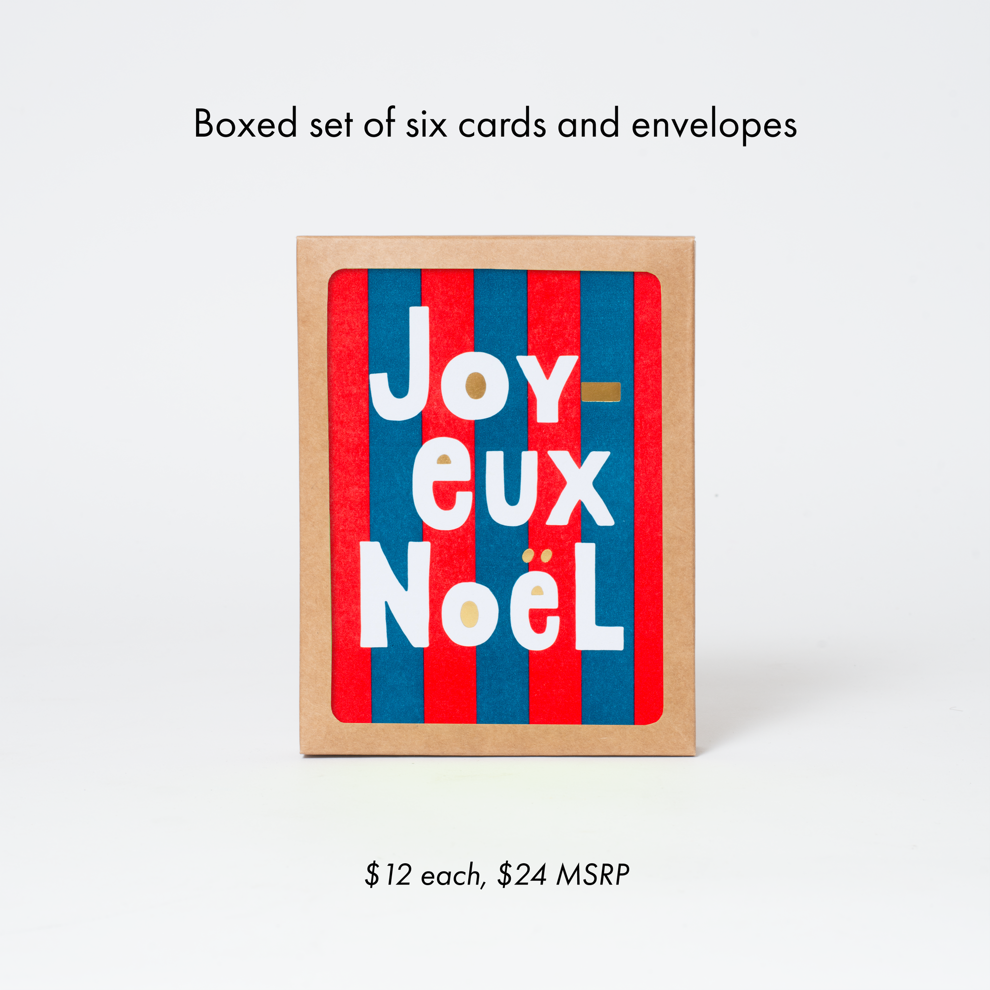 Boxed set of six cards and envelopes with 'Joyeux Noel' design on a white background