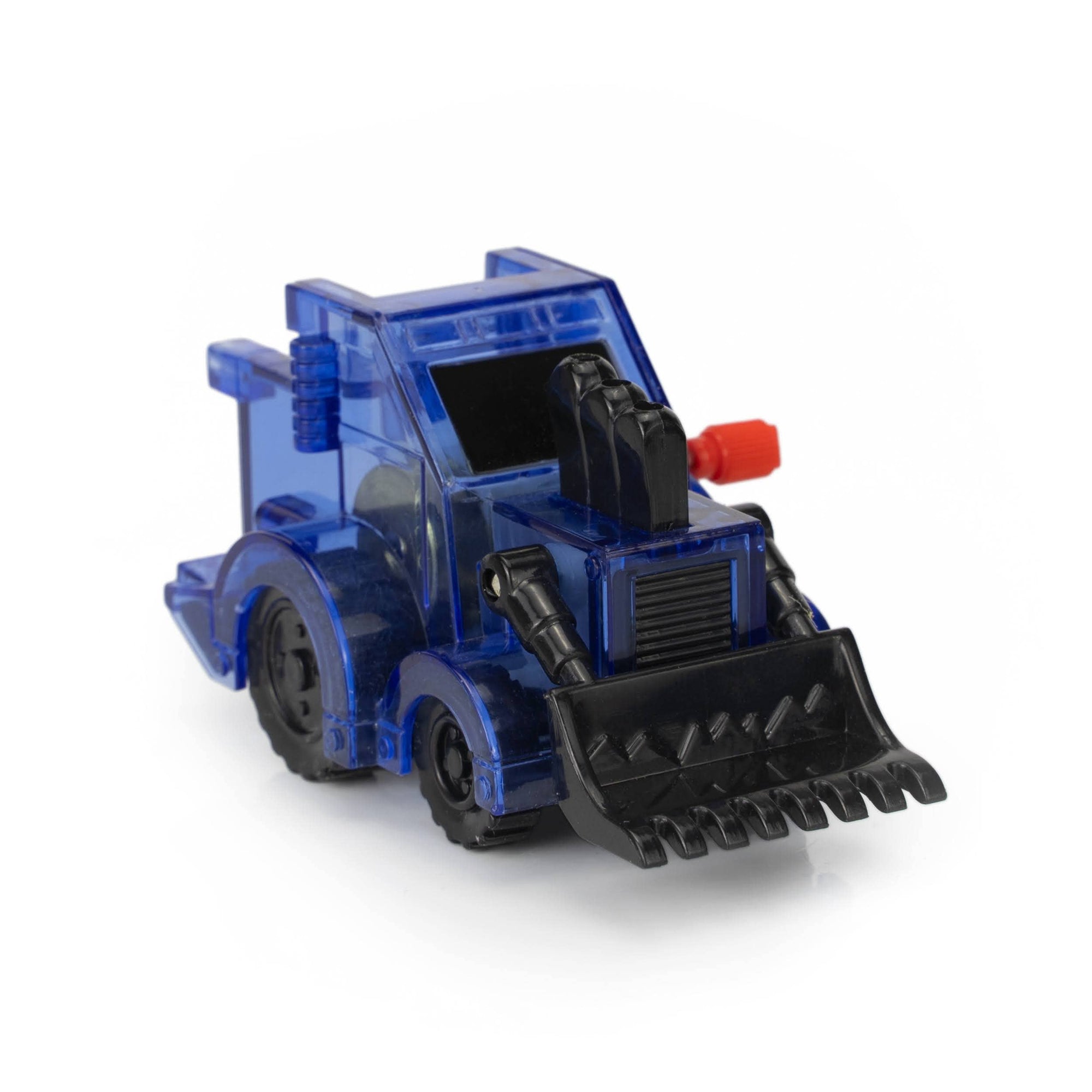 Toy bulldozer with blue transparent body and black front loader on a white background