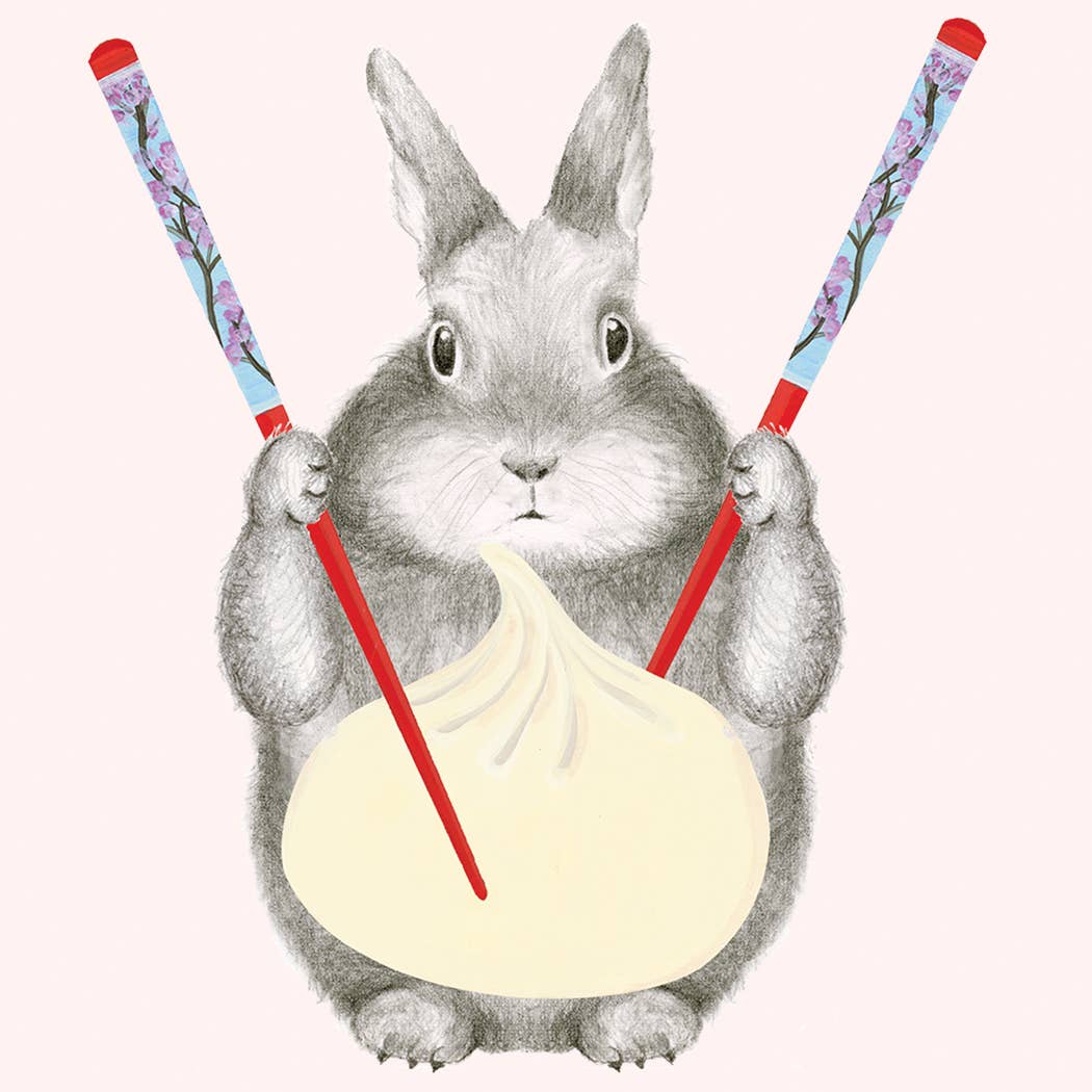 Illustration of a rabbit holding ice cream with floral sticks on a white background
