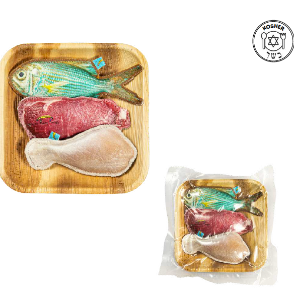 Bamboo tray with raw chicken, beef, and fish, and a wrapped package of the same, with a kosher symbol.