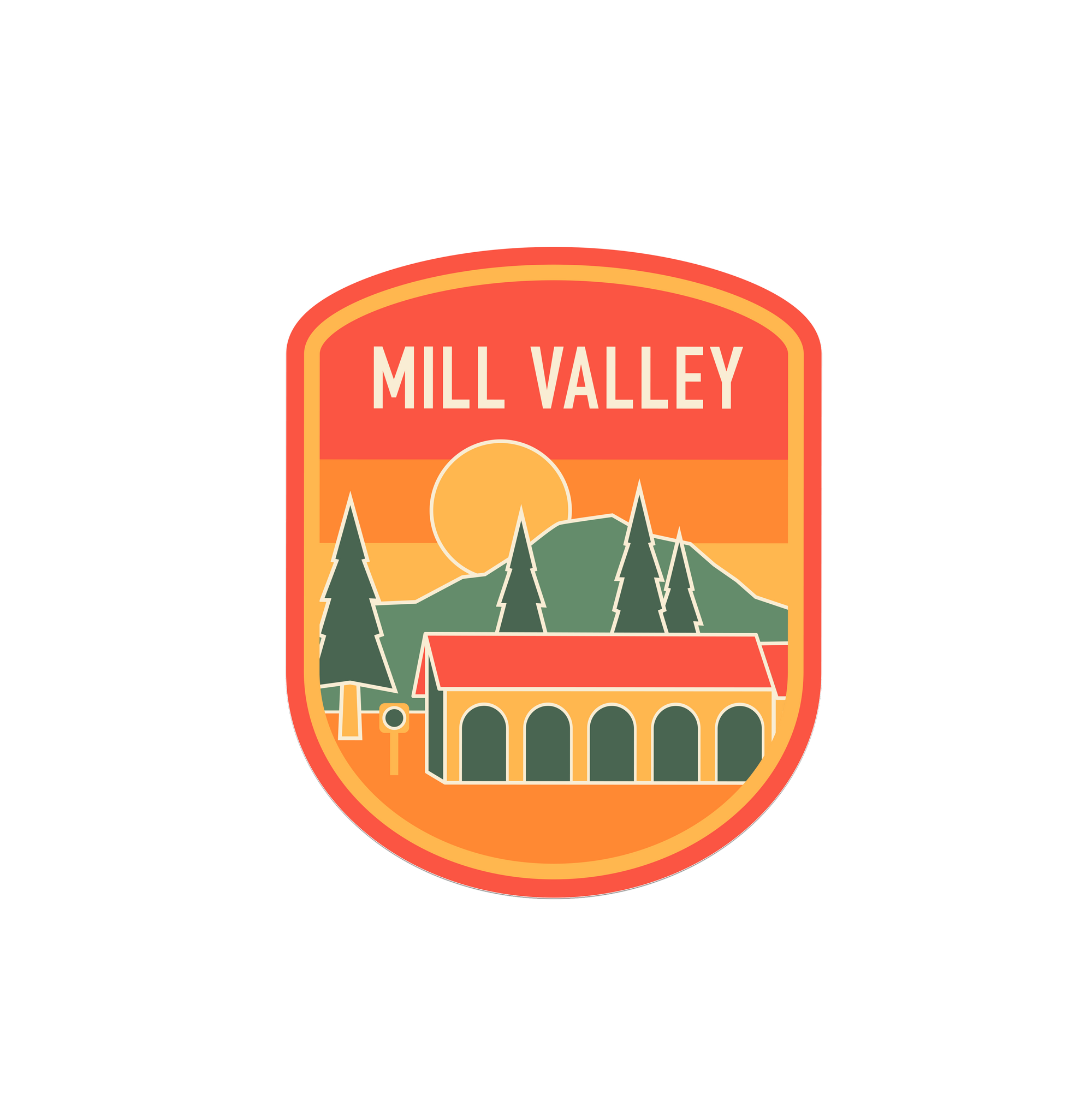 A stylized shield-shaped patch or sticker reading “MILL VALLEY” with a retro landscape illustration in orange, yellow, green, and red on a white background.