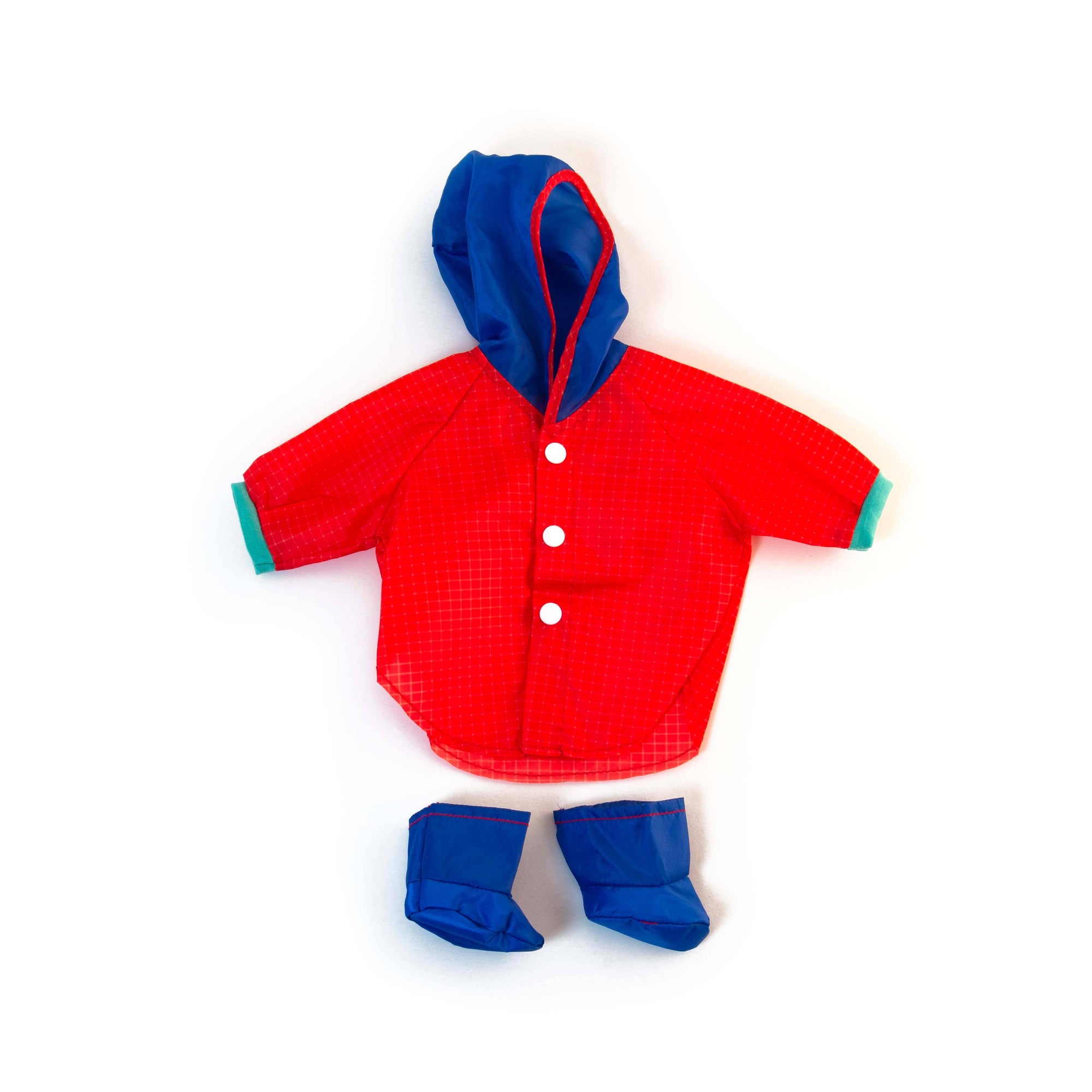 Doll's Red raincoat with blue hood and matching boots on a white background