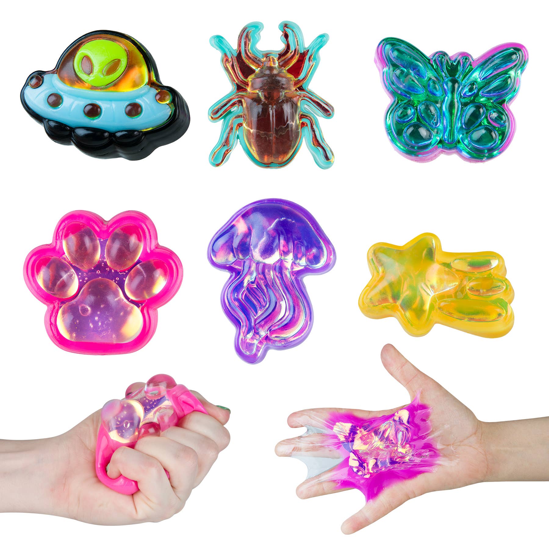 Colorful stress relievers in various shapes with hands demonstrating their use.