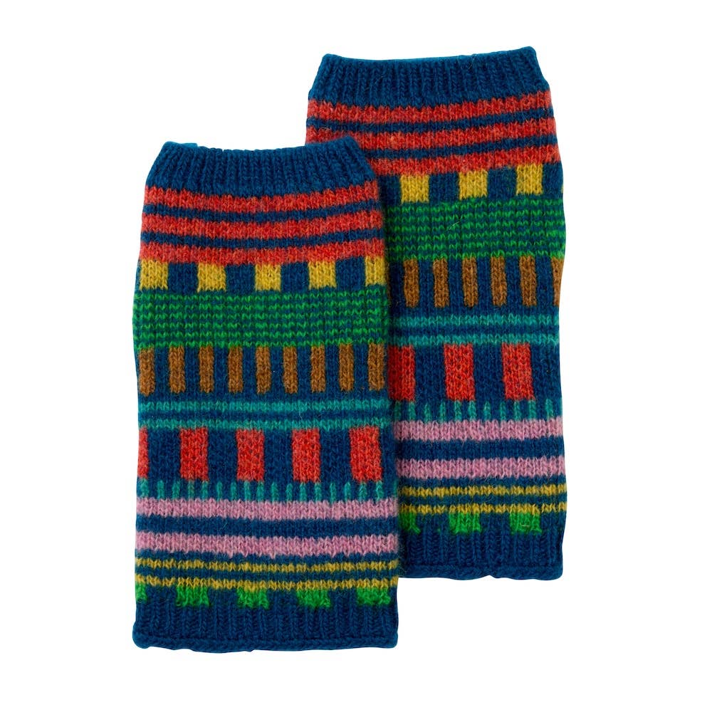Colorful knitted wrist warmers with geometric pattern on a white background