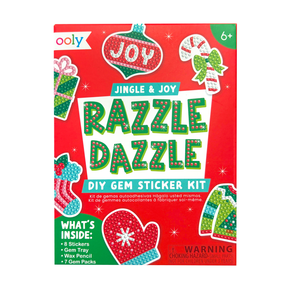 Razzle Dazzle DIY gem sticker kit packaging with Christmas-themed graphics on a red background.
