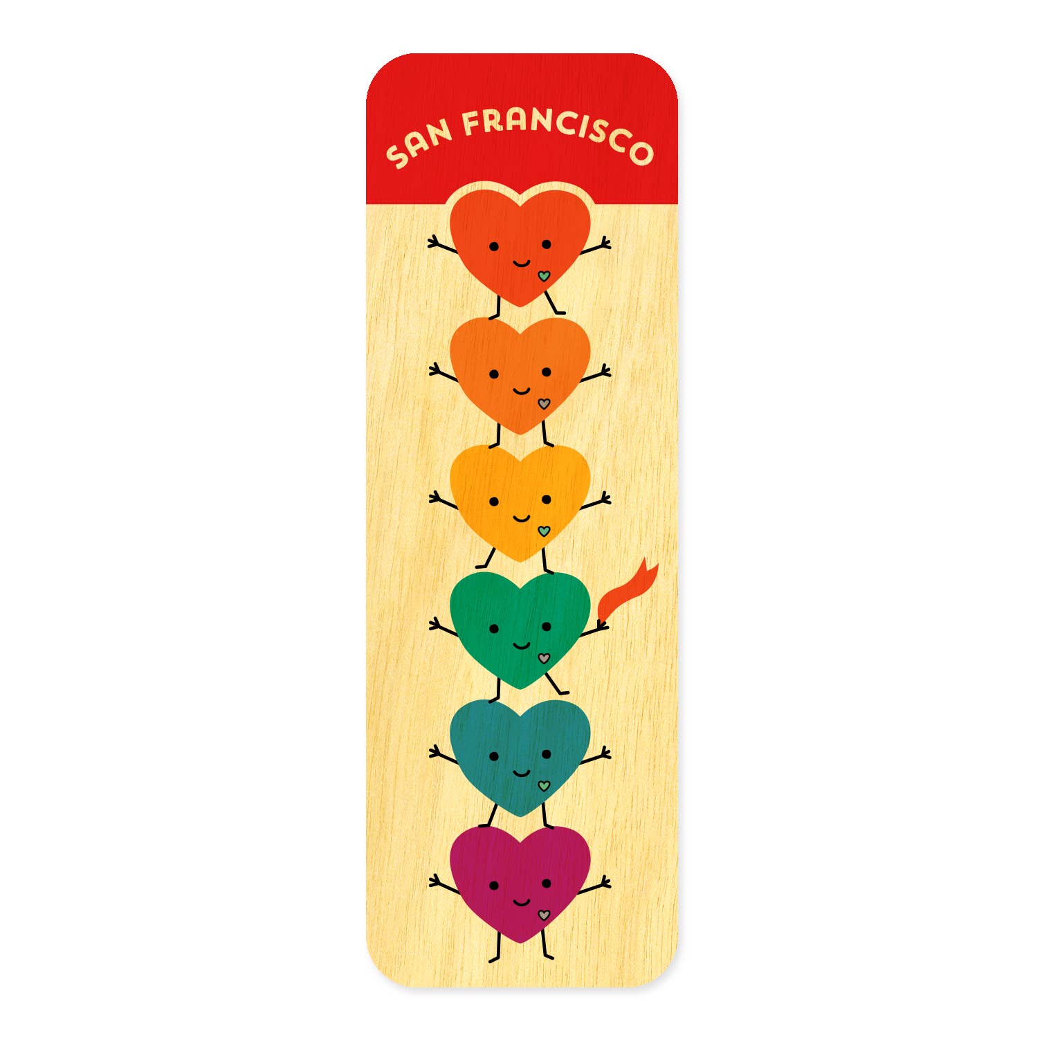 Wooden bookmark with colorful hearts and 'San Francisco' text on a white background
