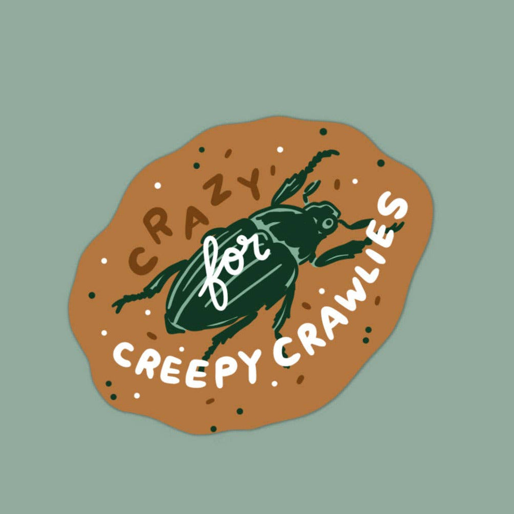 Illustration of a beetle on a brown background with text 'Crazy for Creepy Crawlies' on a green background