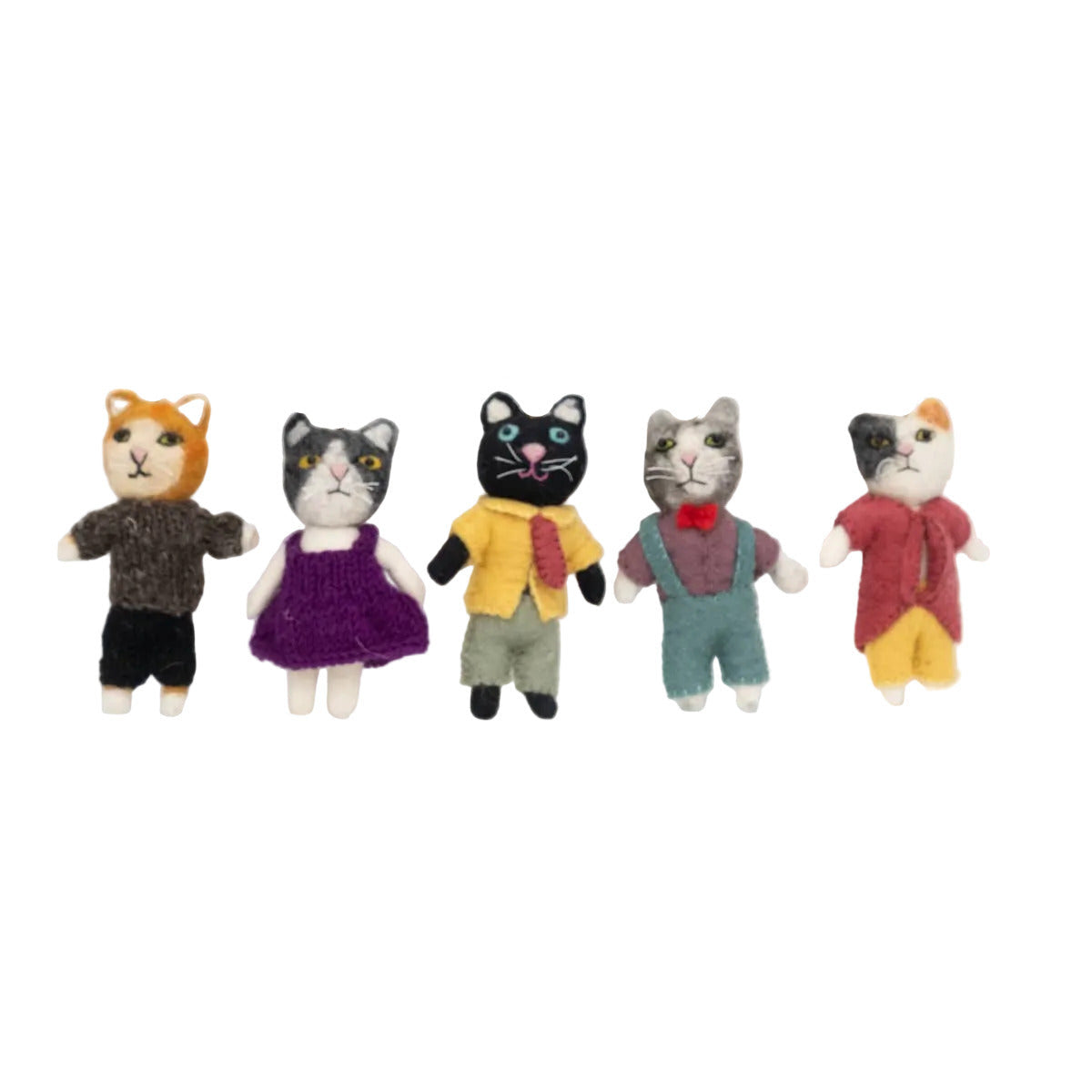Five felt cat dolls in various outfits on a white background