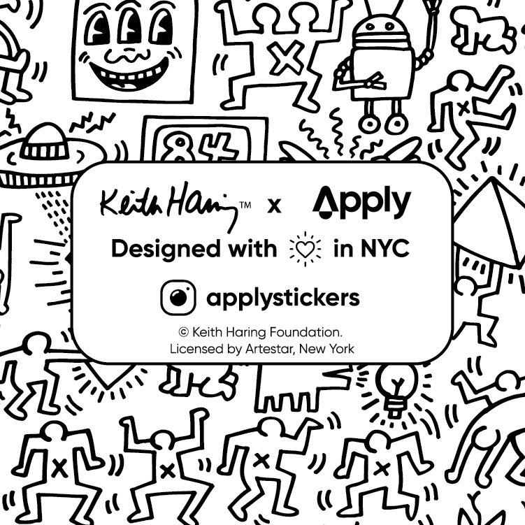 Black and white illustration with Keith Haring-style characters and branding for Apply stickers.