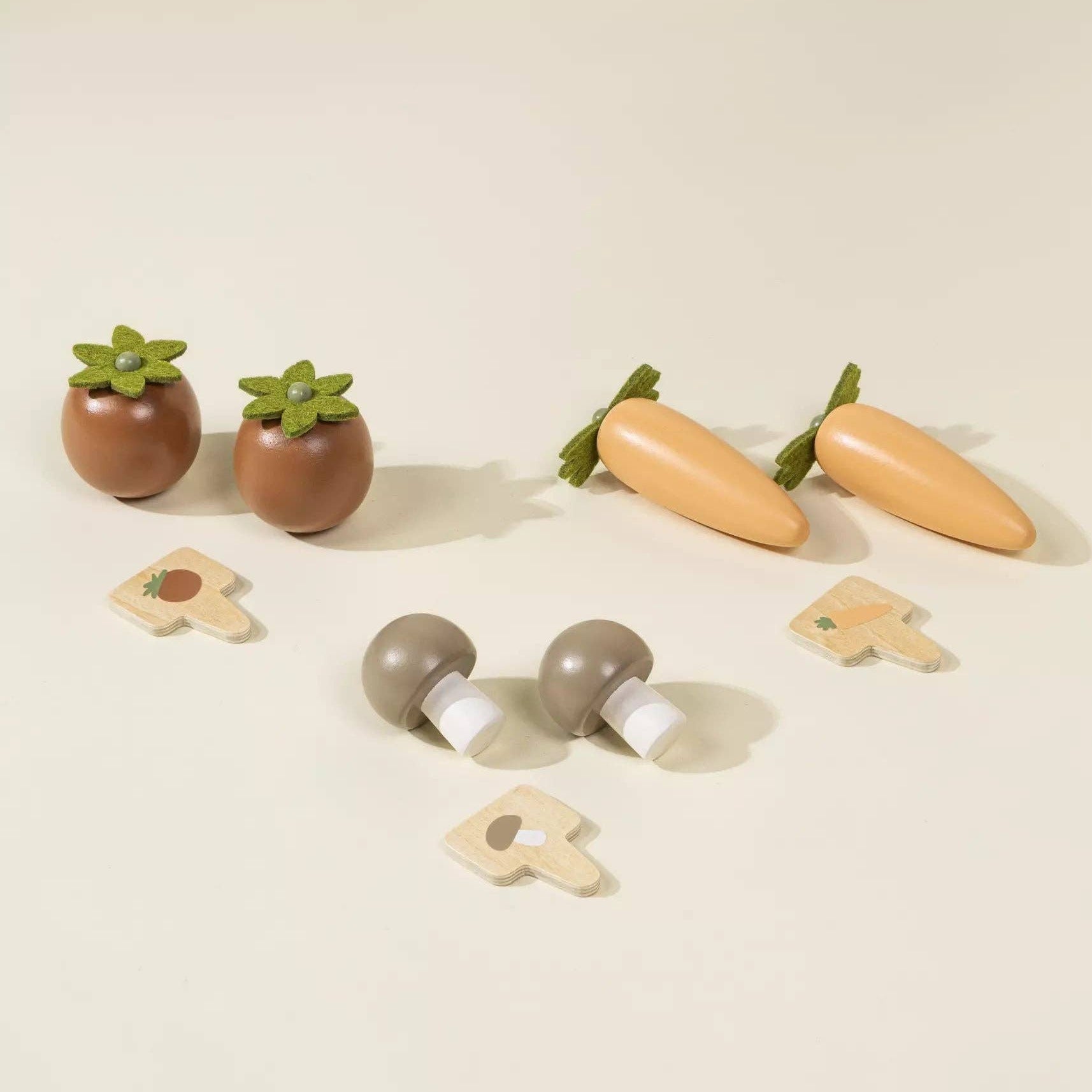 Set of wooden toys including plants, carrots, and letters on a beige background