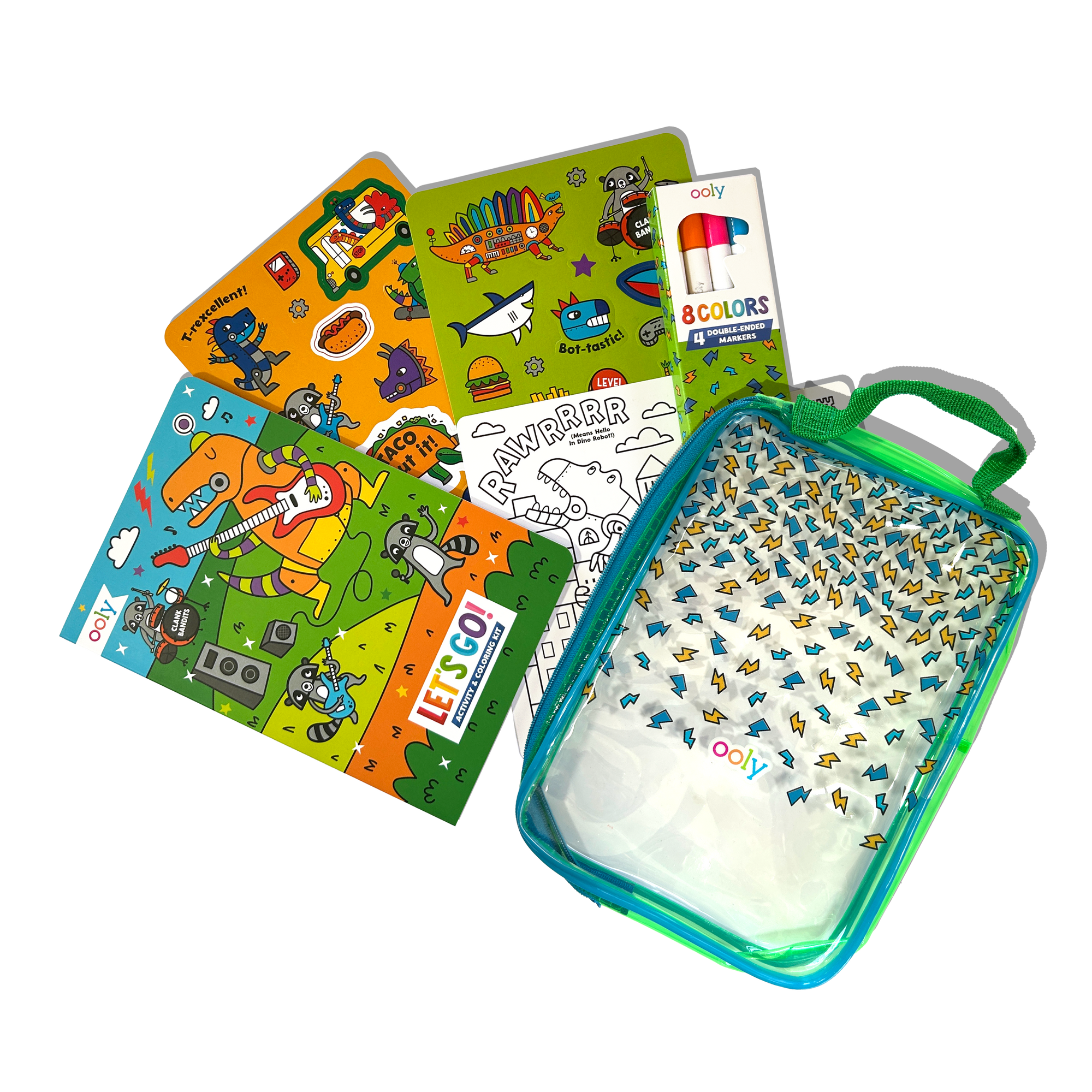 Coloring book set with markers and a small bag on a white background