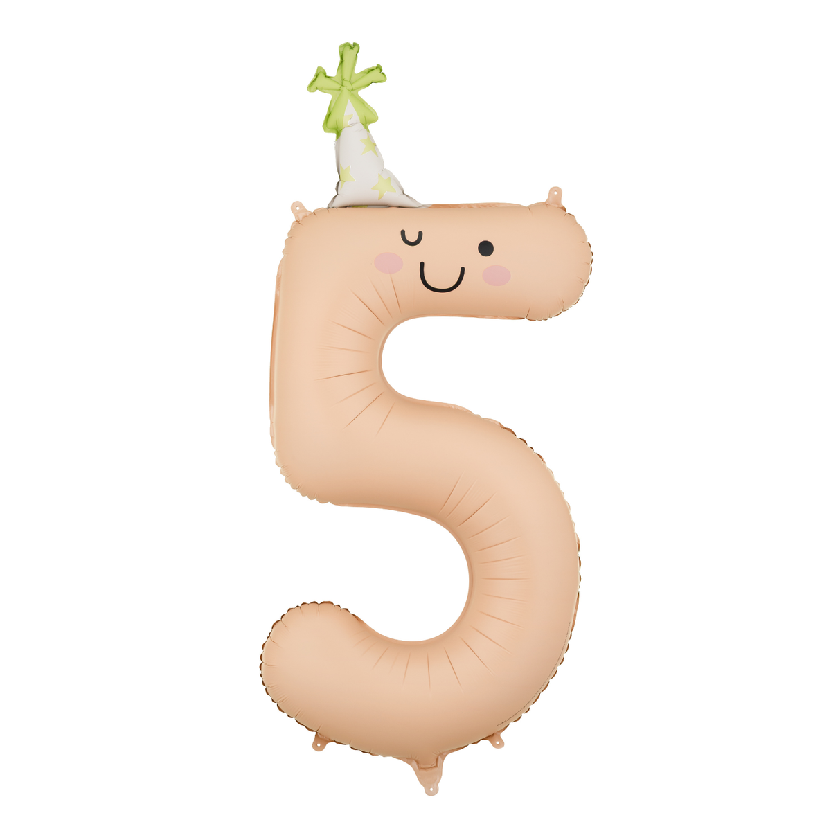 Beige balloon shaped like the number 5 with a face and party hat on a white background