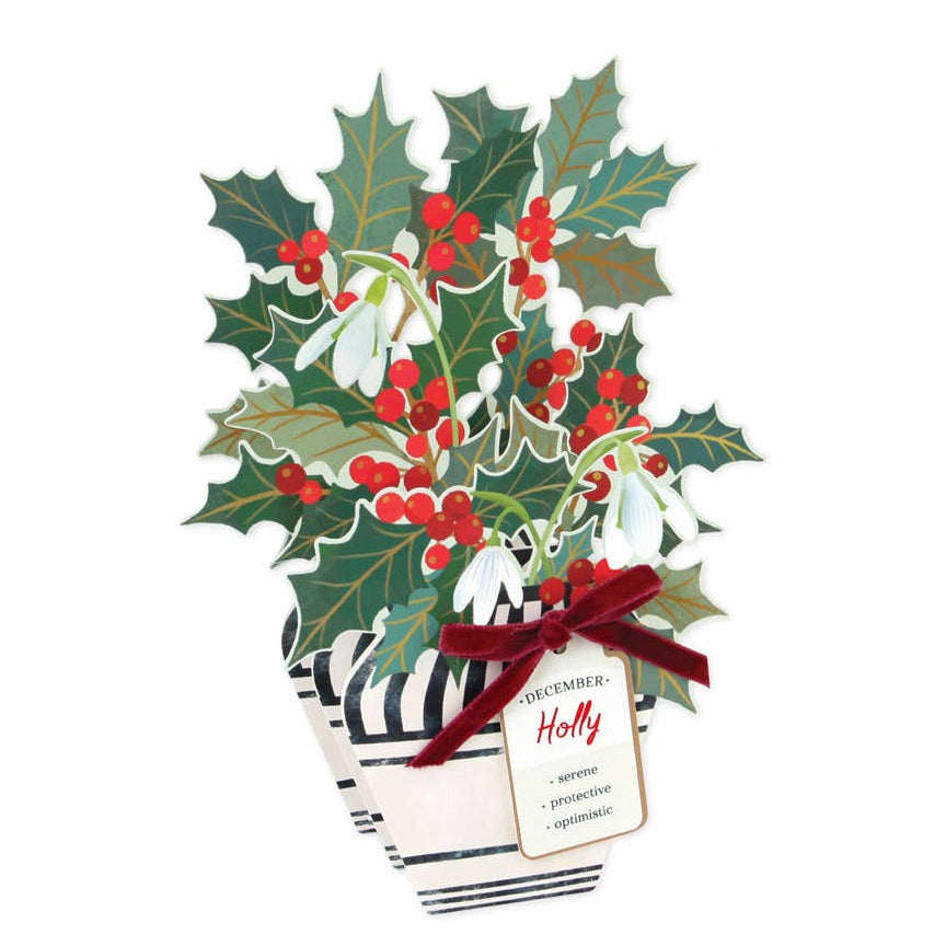 Decorative card with holly leaves and berries on a white background