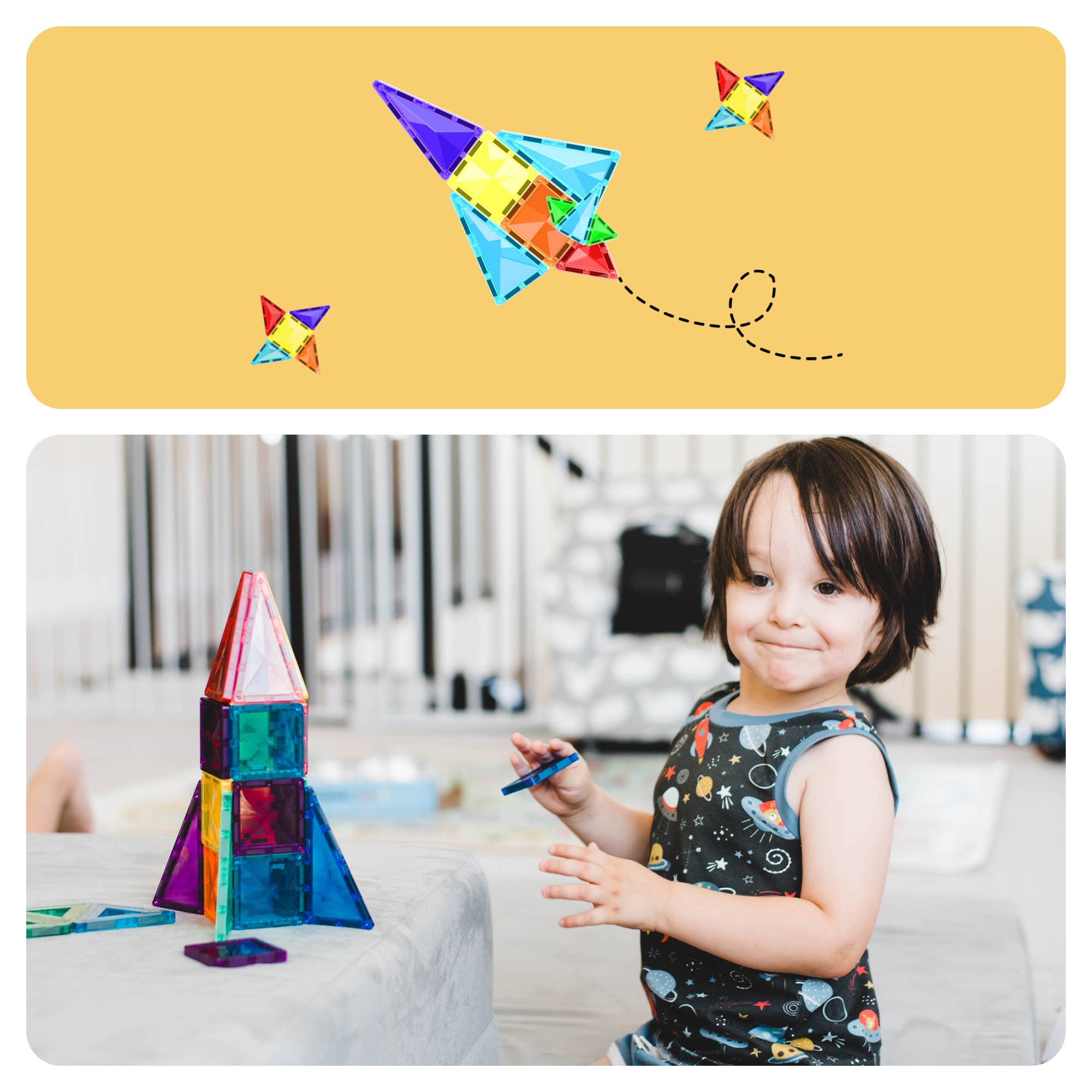Colorful magnetic rocket toy with a child playing with it indoors.