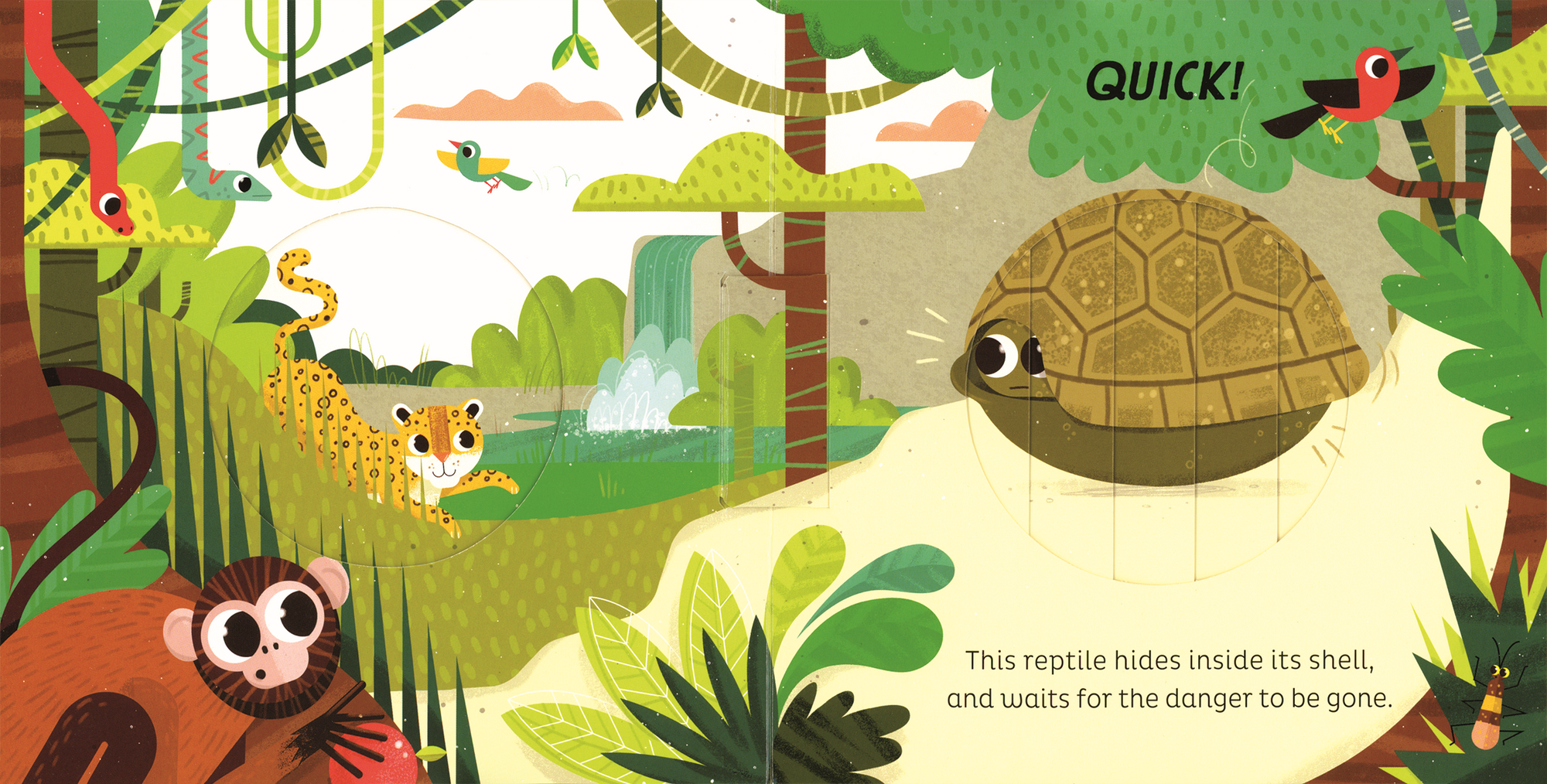 Illustration of a turtle in a jungle scene with animals and text.