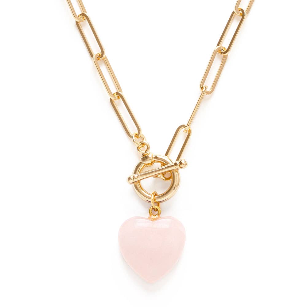 Roxy Chain Toggle Clasp Heart Necklace -rose quartz