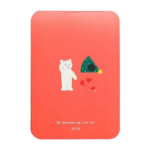 Red card with a white bear and green tree illustration on a white background