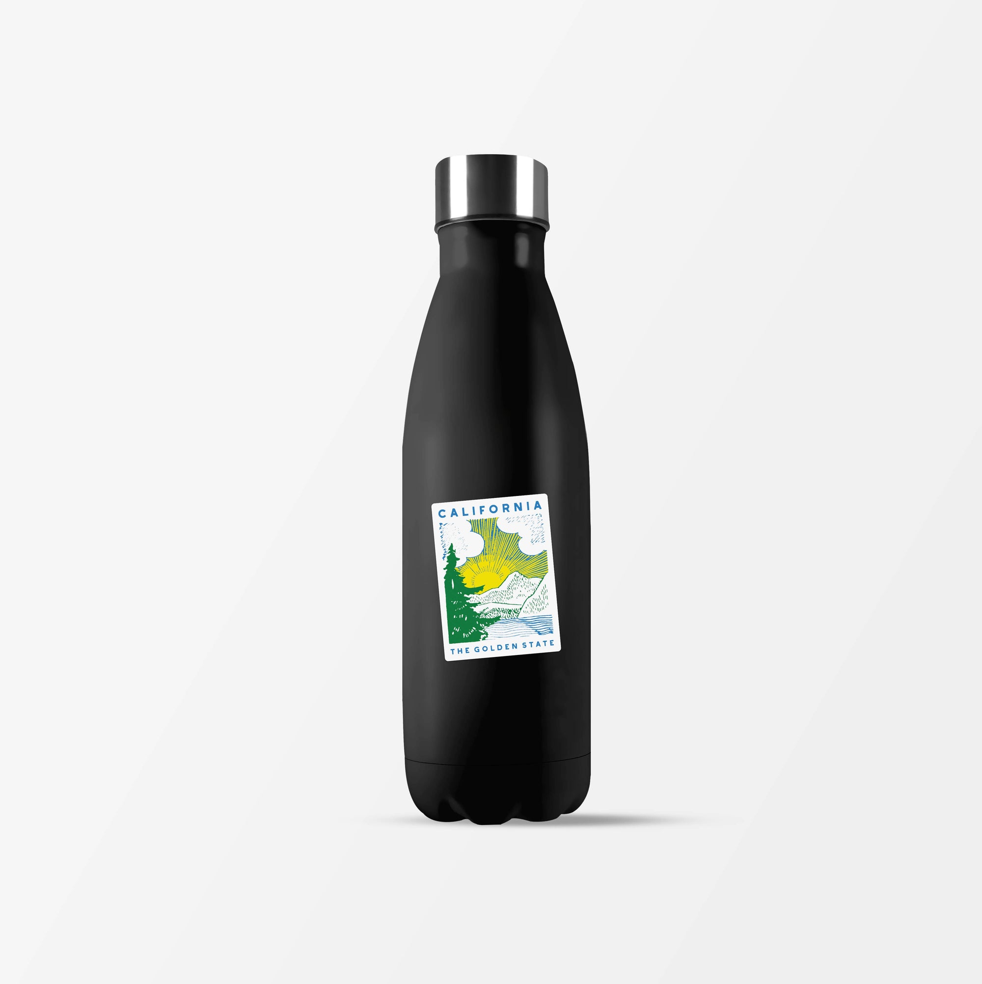 Black water bottle with a California-themed label on a white background