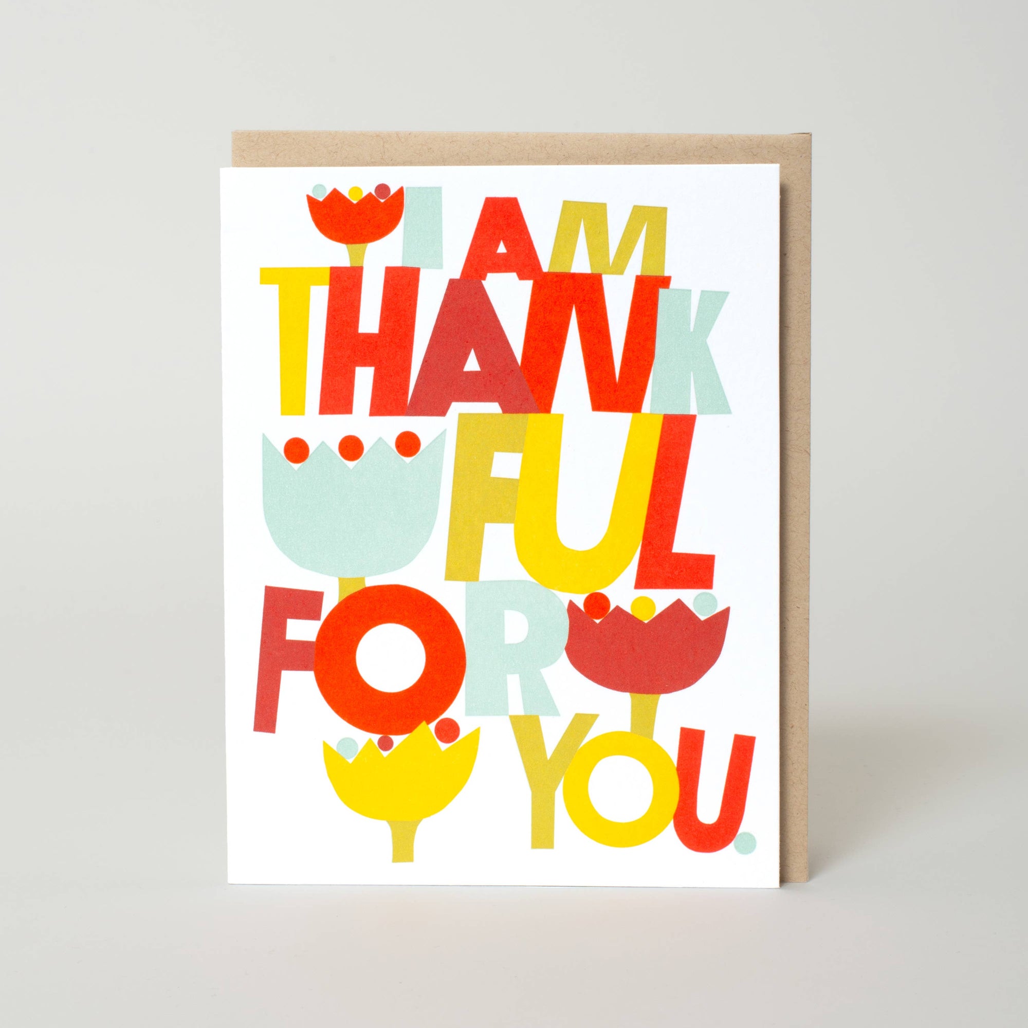 Greeting card with colorful text 'I am thankful for you' on a white background