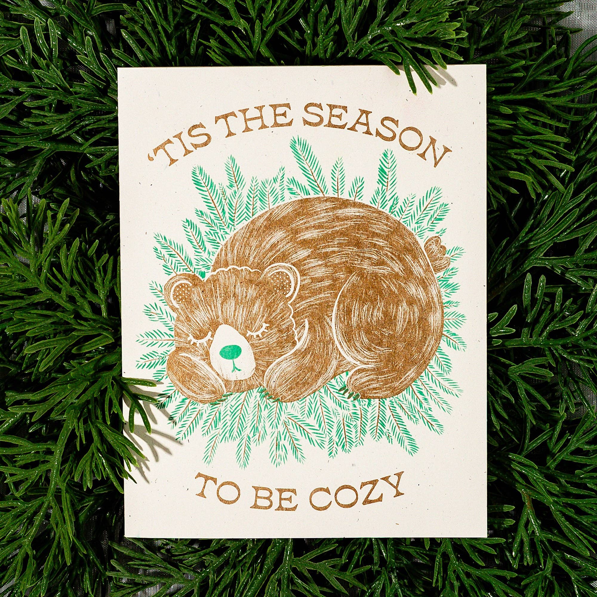 Card with bear illustration and text 'Tis the season to be cozy' on a green leaf background