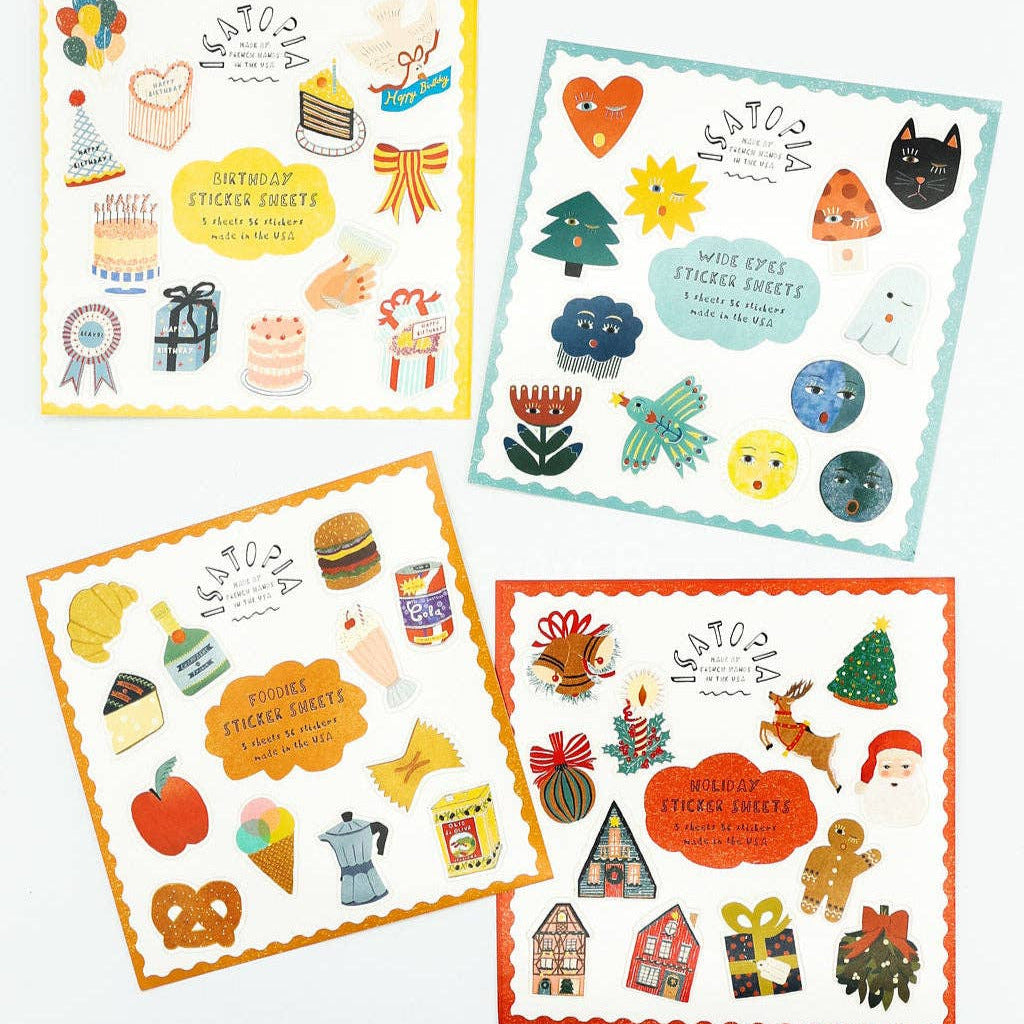 Four sheets of colorful stickers with various designs on a white background